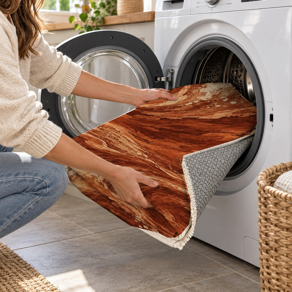 Deep Blue Terracotta Abstract Washable Rug — washing machine