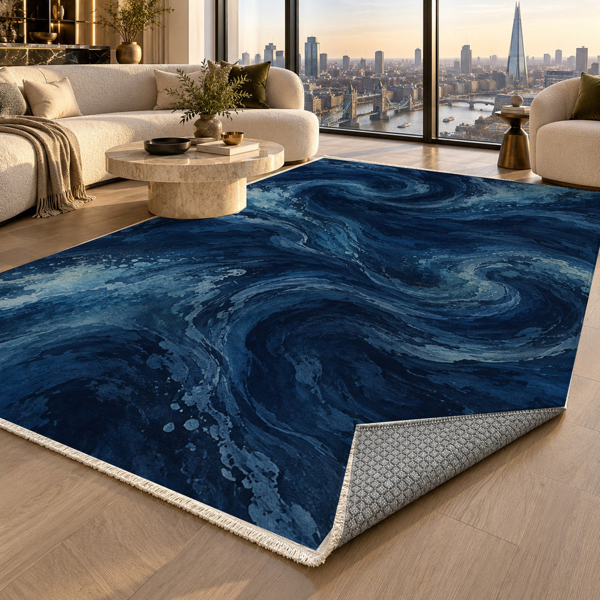 Deep Blue Abstract Washable Rug — london luxury living