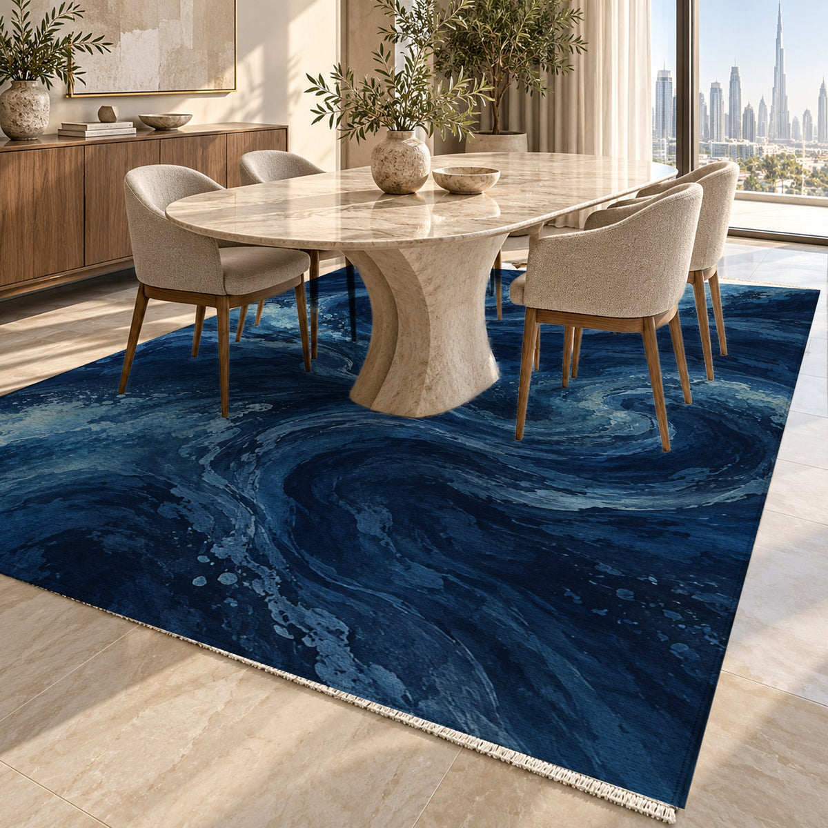 Deep Blue Abstract Washable Rug — dubai dining