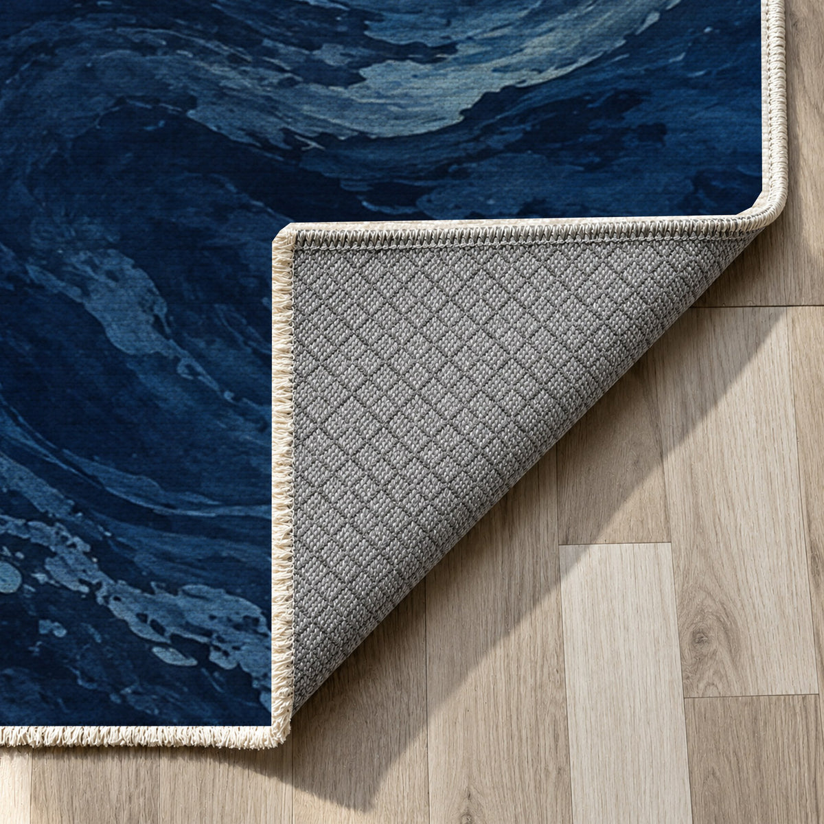 Deep Blue Abstract Washable Rug — backing close up