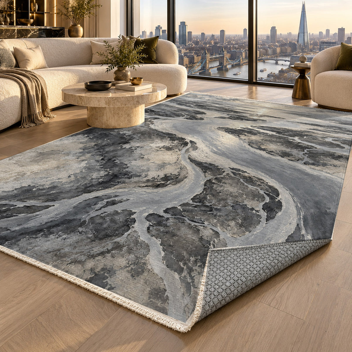 Delta At Dawn Charcoal Abstract Washable Rug — london luxury living