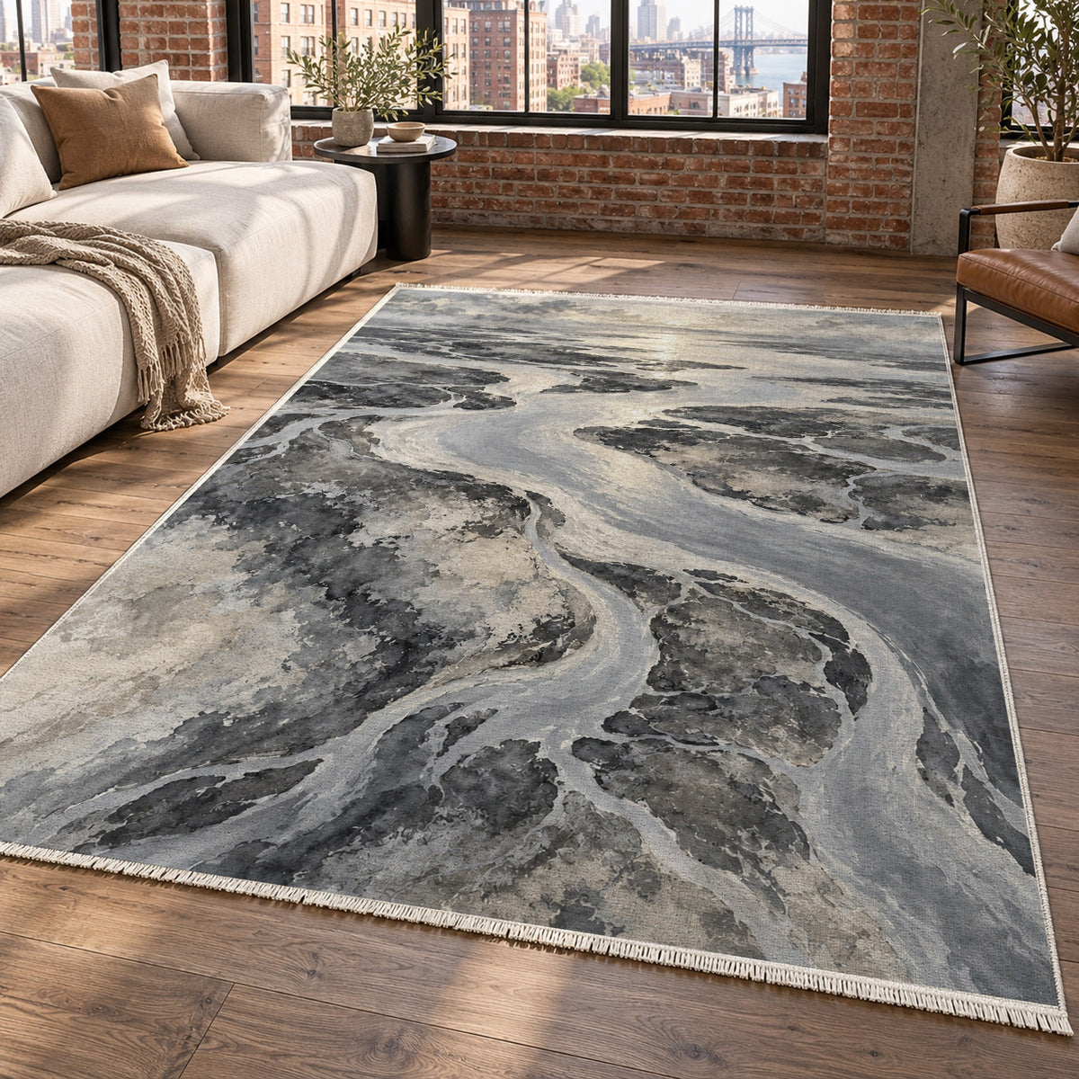 Delta At Dawn Charcoal Abstract Washable Rug — new york living