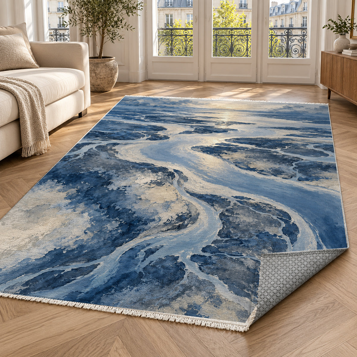 Delta At Dawn Indigo Abstract Washable Rug — paris living