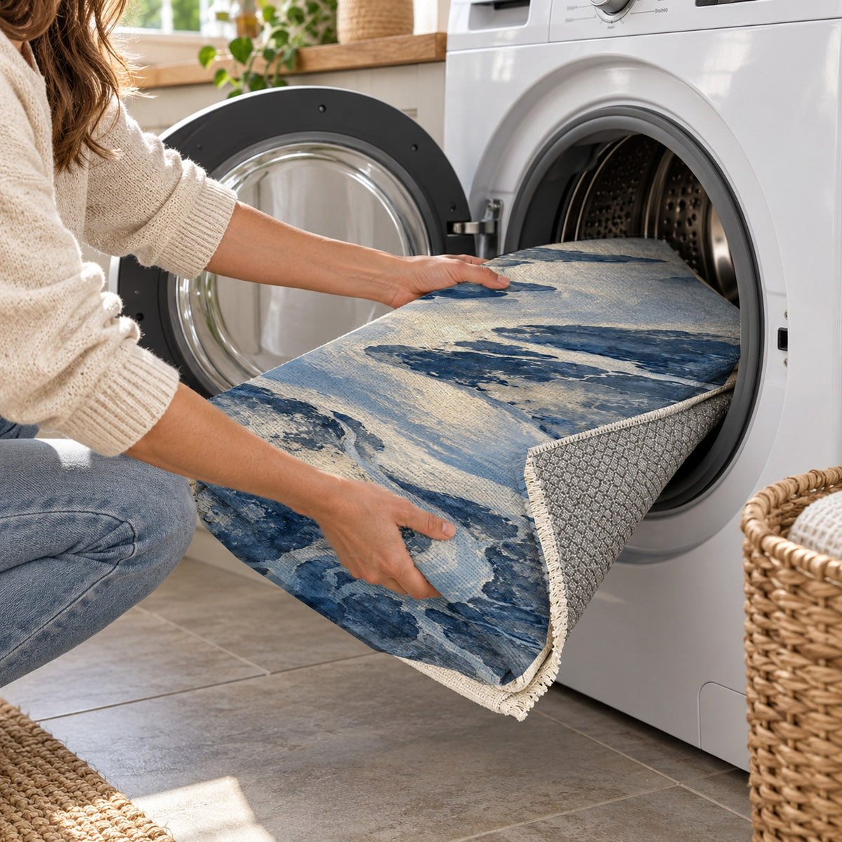Delta At Dawn Indigo Abstract Washable Rug — washing machine
