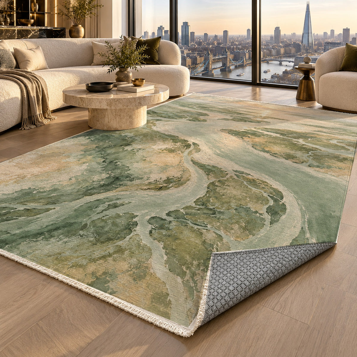 Delta At Dawn Sage Abstract Washable Rug — london luxury living