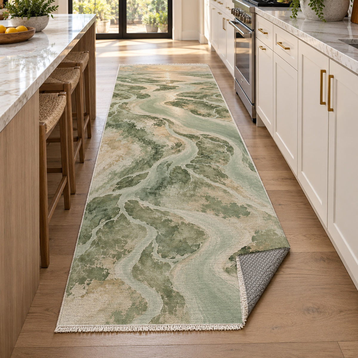 Delta At Dawn Sage Abstract Washable Rug — new york kitchen runner