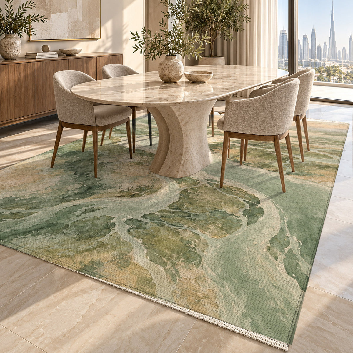 Delta At Dawn Sage Abstract Washable Rug — dubai dining