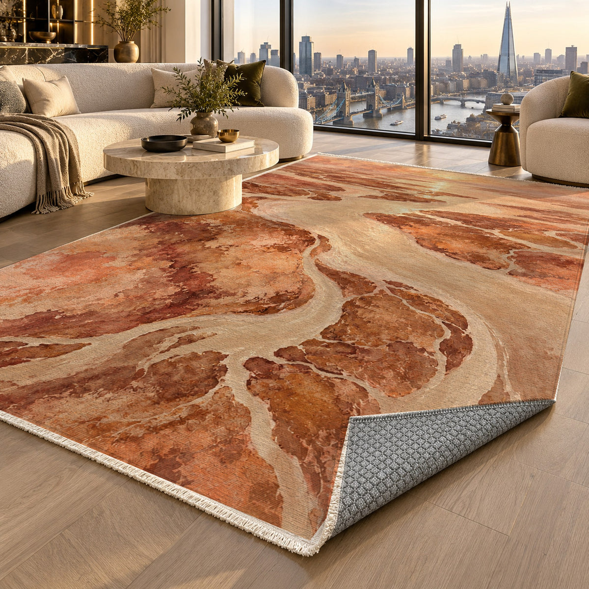 Delta At Dawn Terracotta Abstract Washable Rug — london luxury living