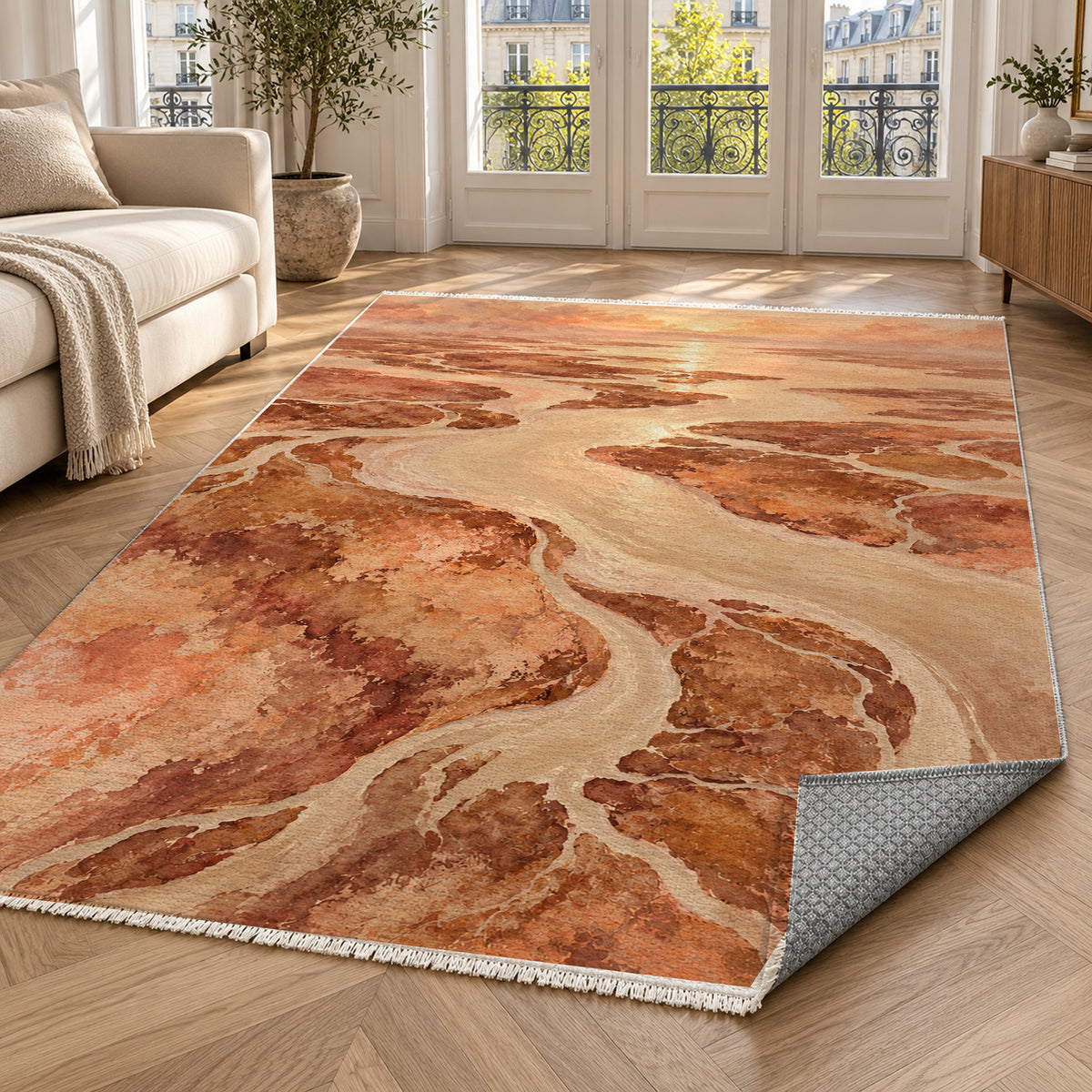 Delta At Dawn Terracotta Abstract Washable Rug — paris living