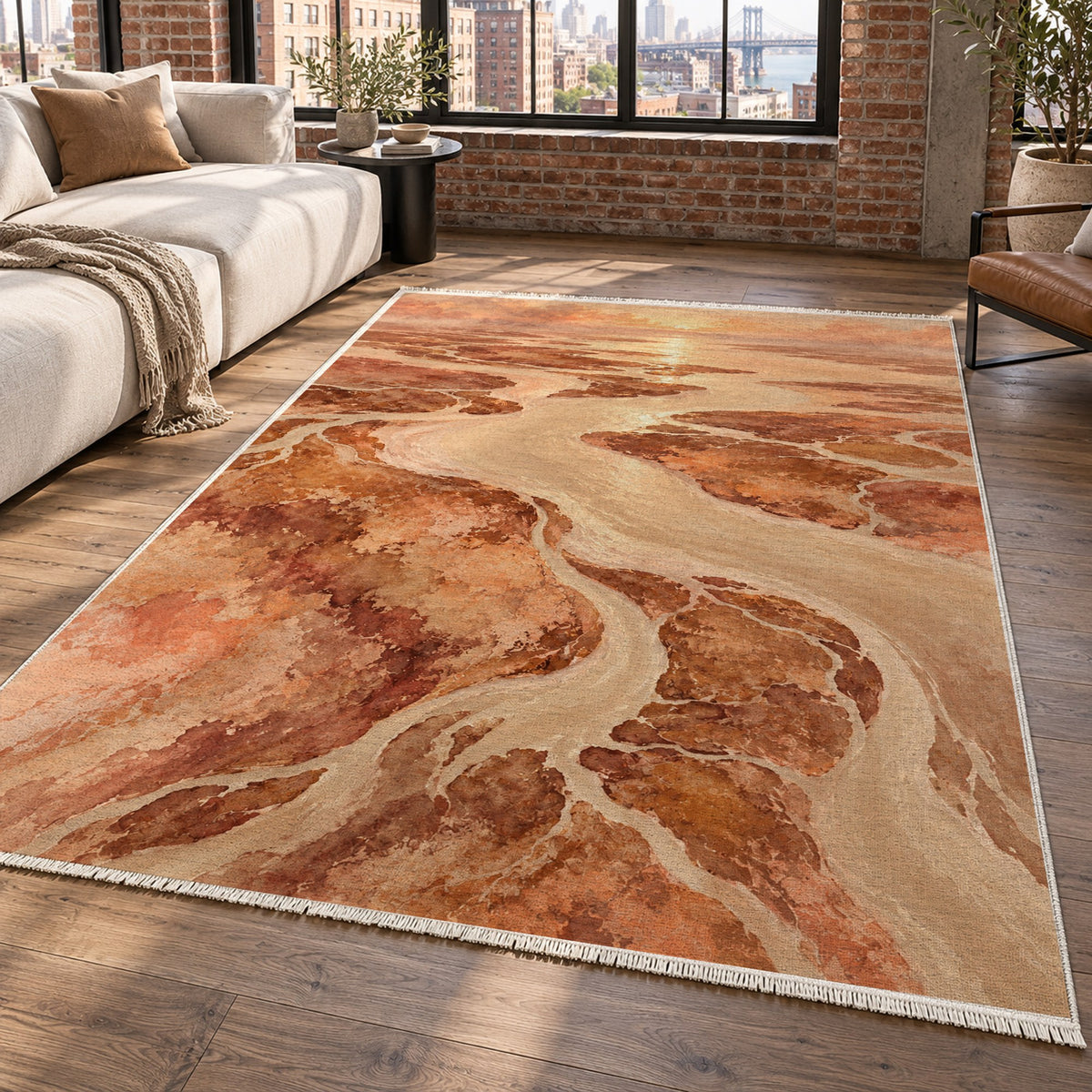 Delta At Dawn Terracotta Abstract Washable Rug — new york living