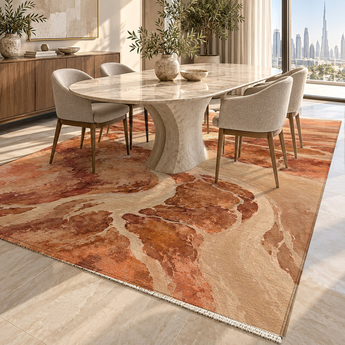 Delta At Dawn Terracotta Abstract Washable Rug — dubai dining