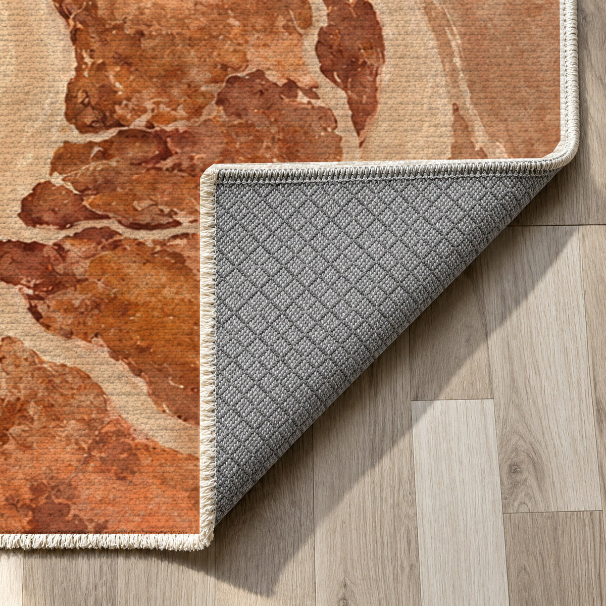 Delta At Dawn Terracotta Abstract Washable Rug — backing close up