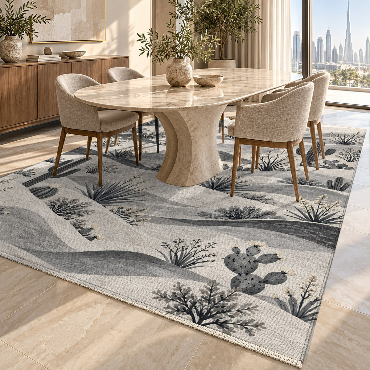 Desert Bloom Charcoal Modern Washable Rug — dubai dining