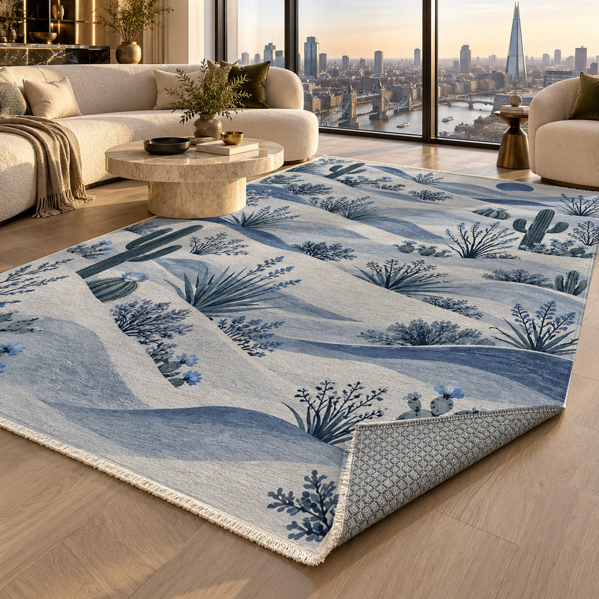 Desert Bloom Indigo Modern Washable Rug — london luxury living