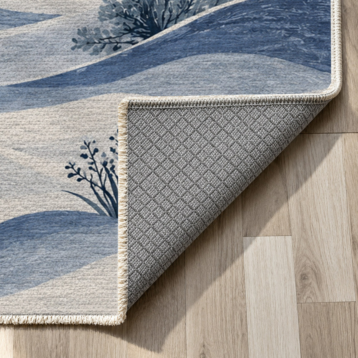 Desert Bloom Indigo Modern Washable Rug — backing close up