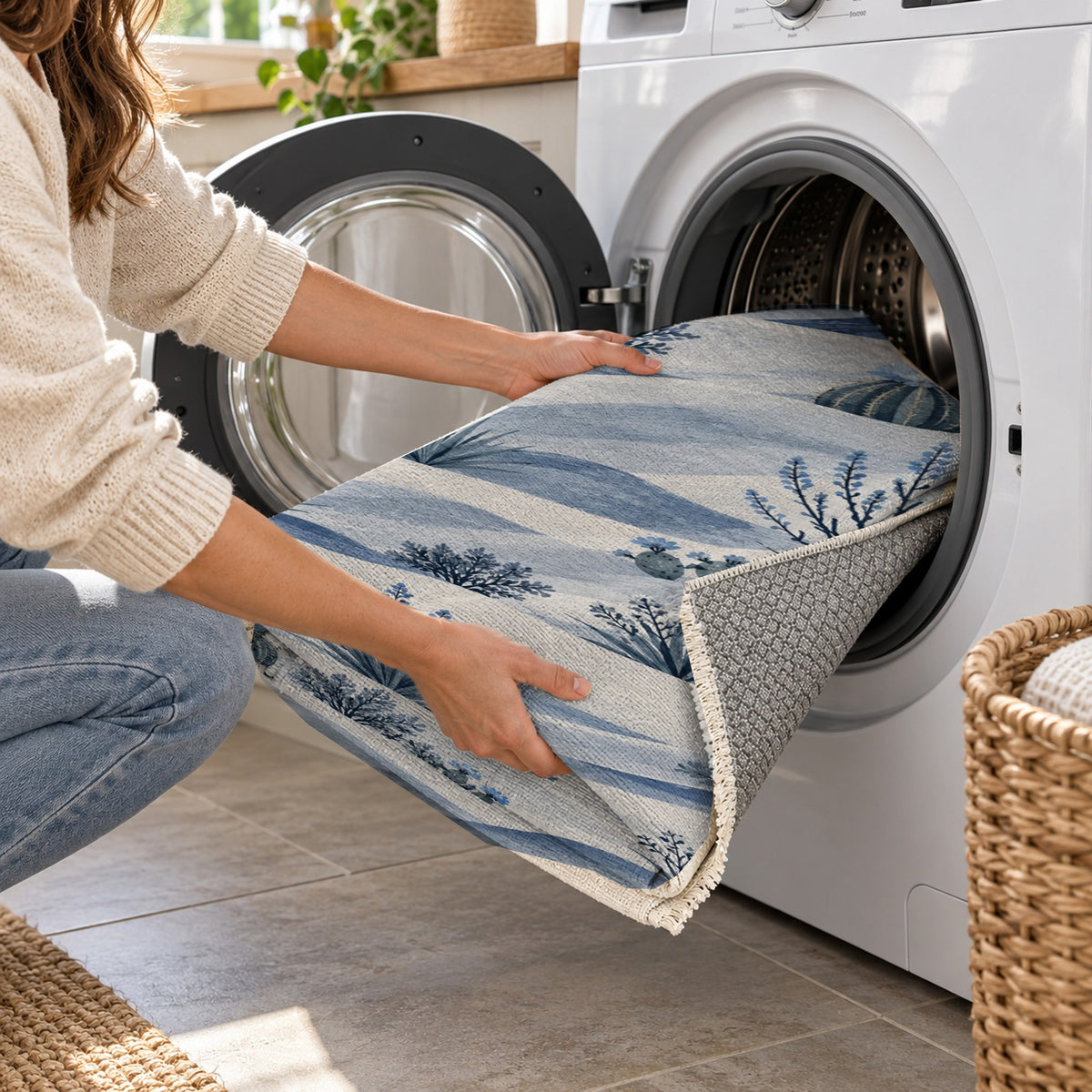 Desert Bloom Indigo Modern Washable Rug — washing machine