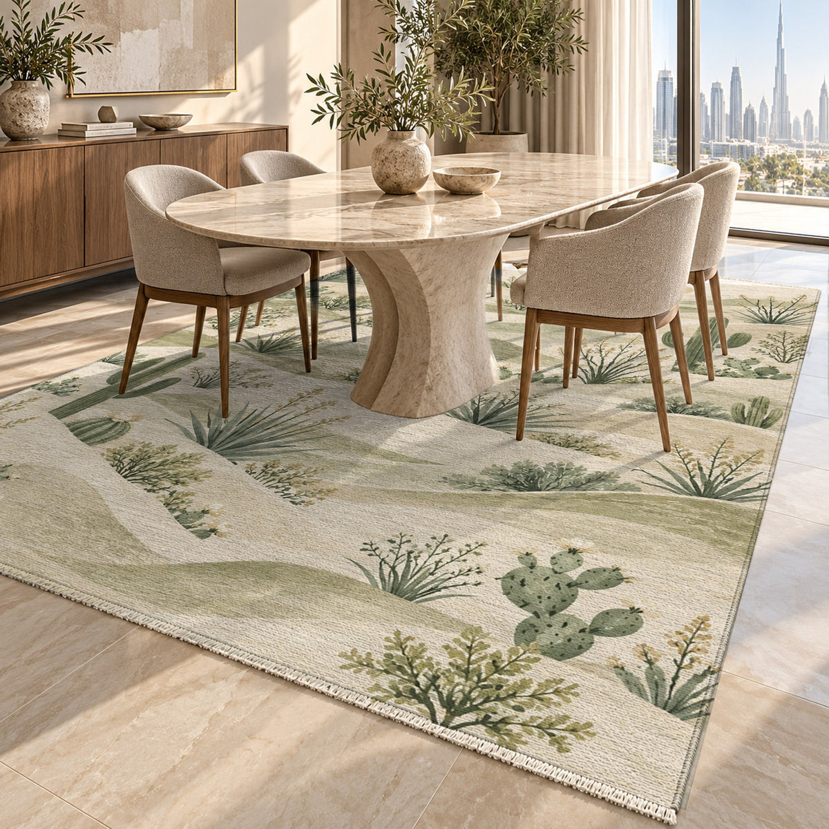 Desert Bloom Sage Modern Washable Rug — dubai dining