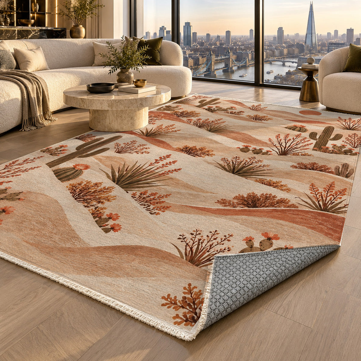 Desert Bloom Terracotta Modern Washable Rug — london luxury living