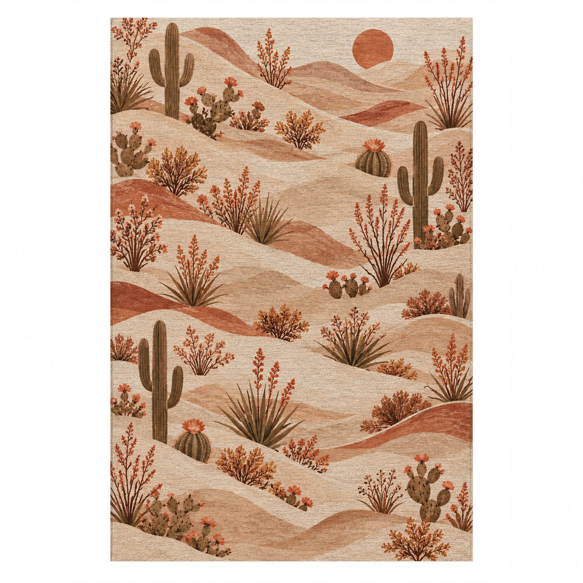 Desert Bloom Terracotta Modern Washable Rug — top view