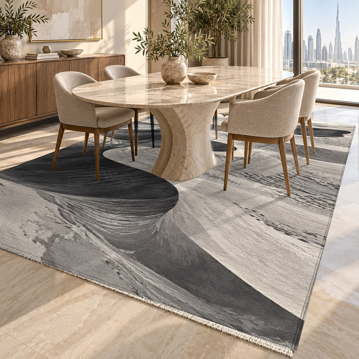 Desert Dunes Charcoal Modern Washable Rug — dubai dining
