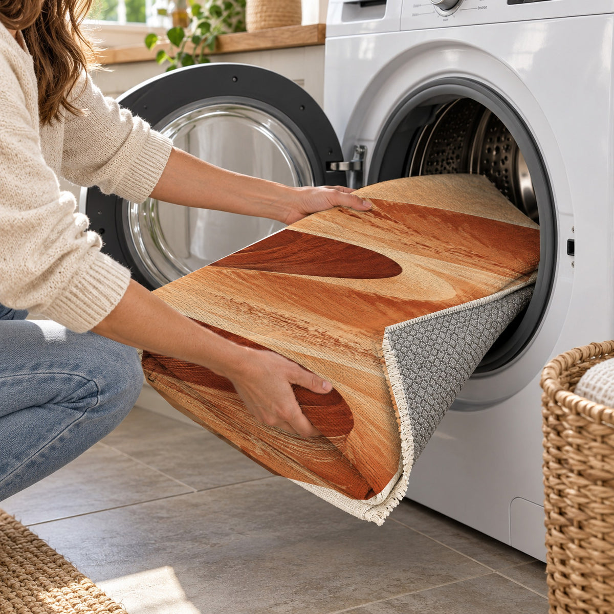 Desert Dunes Terracotta Modern Washable Rug — washing machine