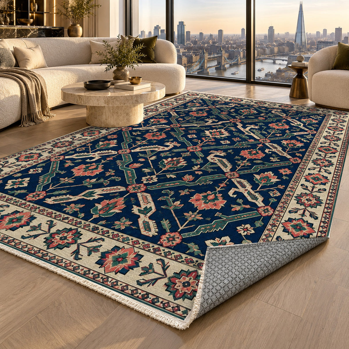 Dragon Vines Indigo Rose Ethnic Washable Rug — london luxury living