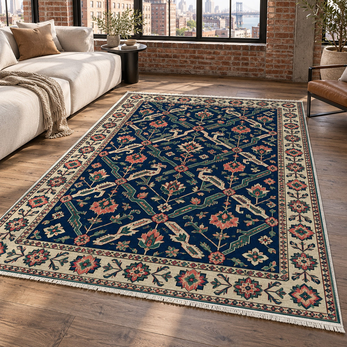 Dragon Vines Indigo Rose Ethnic Washable Rug — new york living