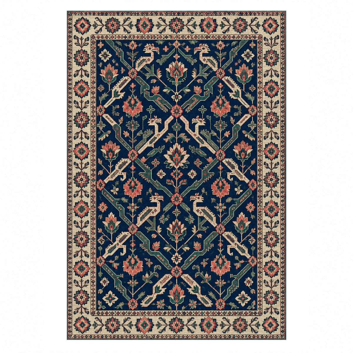 Dragon Vines Indigo Rose Ethnic Washable Rug — top view