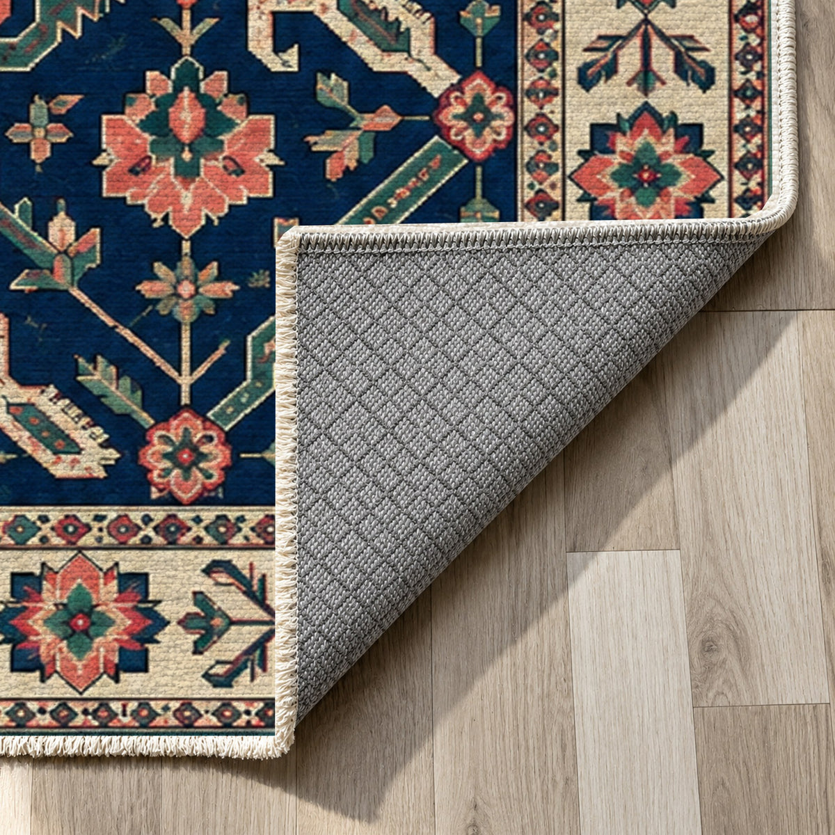 Dragon Vines Indigo Rose Ethnic Washable Rug — backing close up