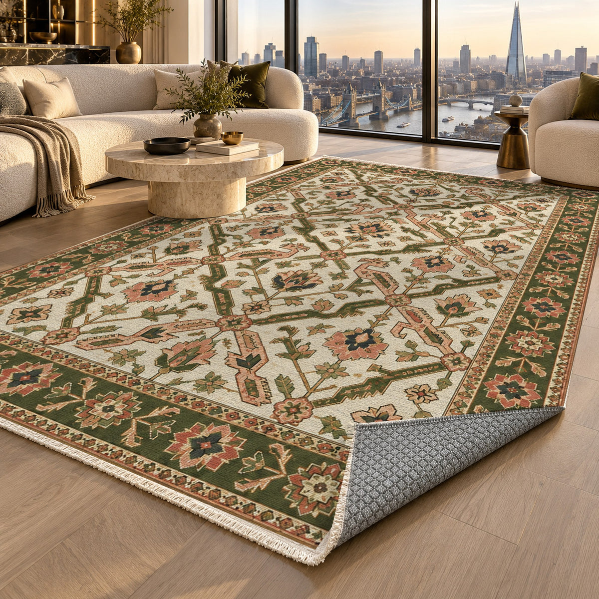 Dragon Vines Ivory Olive Ethnic Washable Rug — london luxury living
