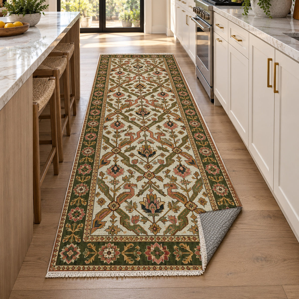 Dragon Vines Ivory Olive Ethnic Washable Rug — new york kitchen runner