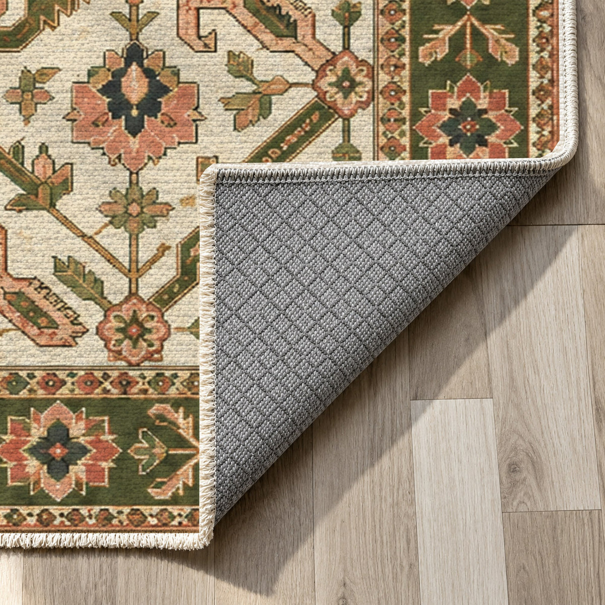Dragon Vines Ivory Olive Ethnic Washable Rug — backing close up