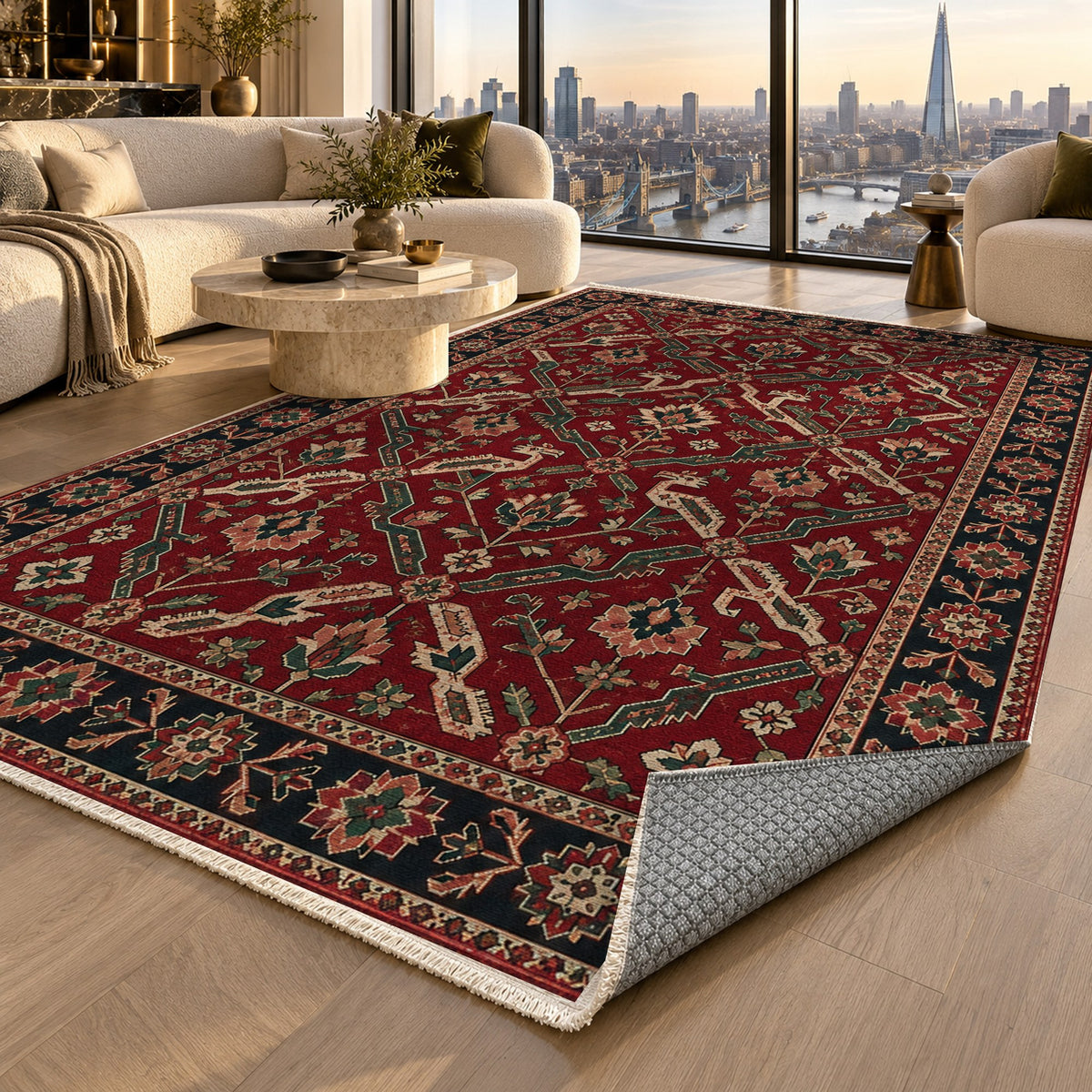 Dragon Vines Ruby Midnight Ethnic Washable Rug — london luxury living