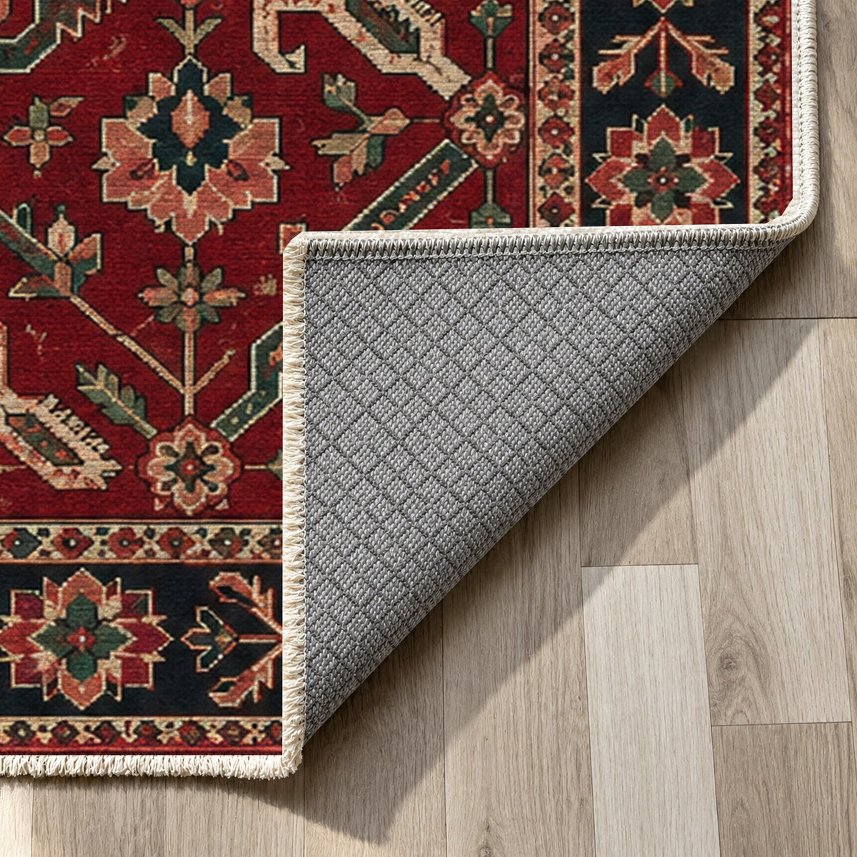 Dragon Vines Ruby Midnight Ethnic Washable Rug — backing close up