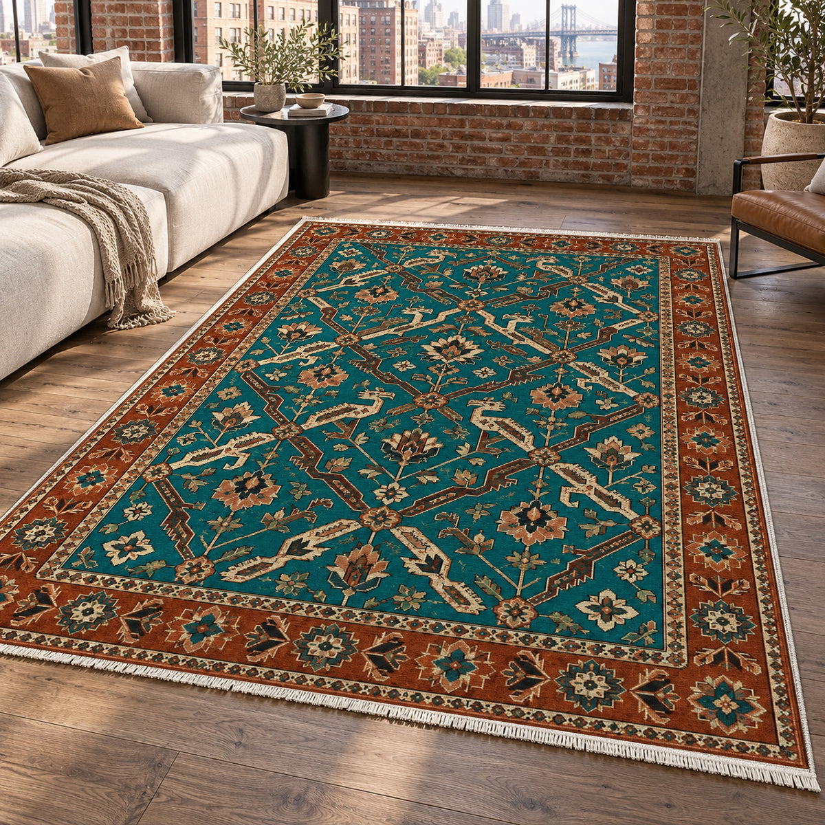 Dragon Vines Turquoise Copper Ethnic Washable Rug — new york living