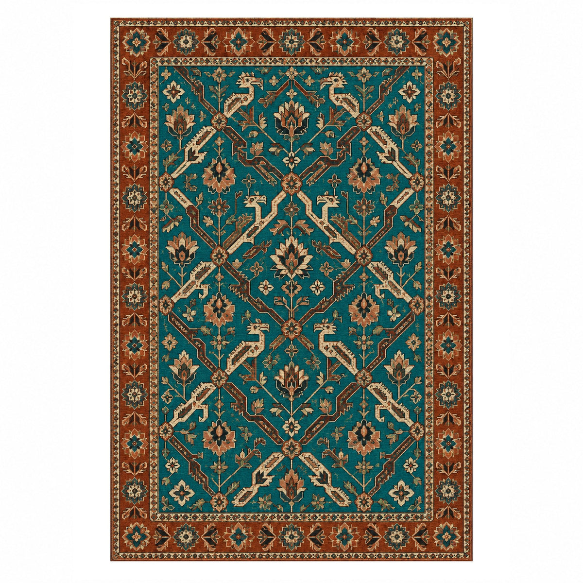 Dragon Vines Turquoise Copper Ethnic Washable Rug — top view