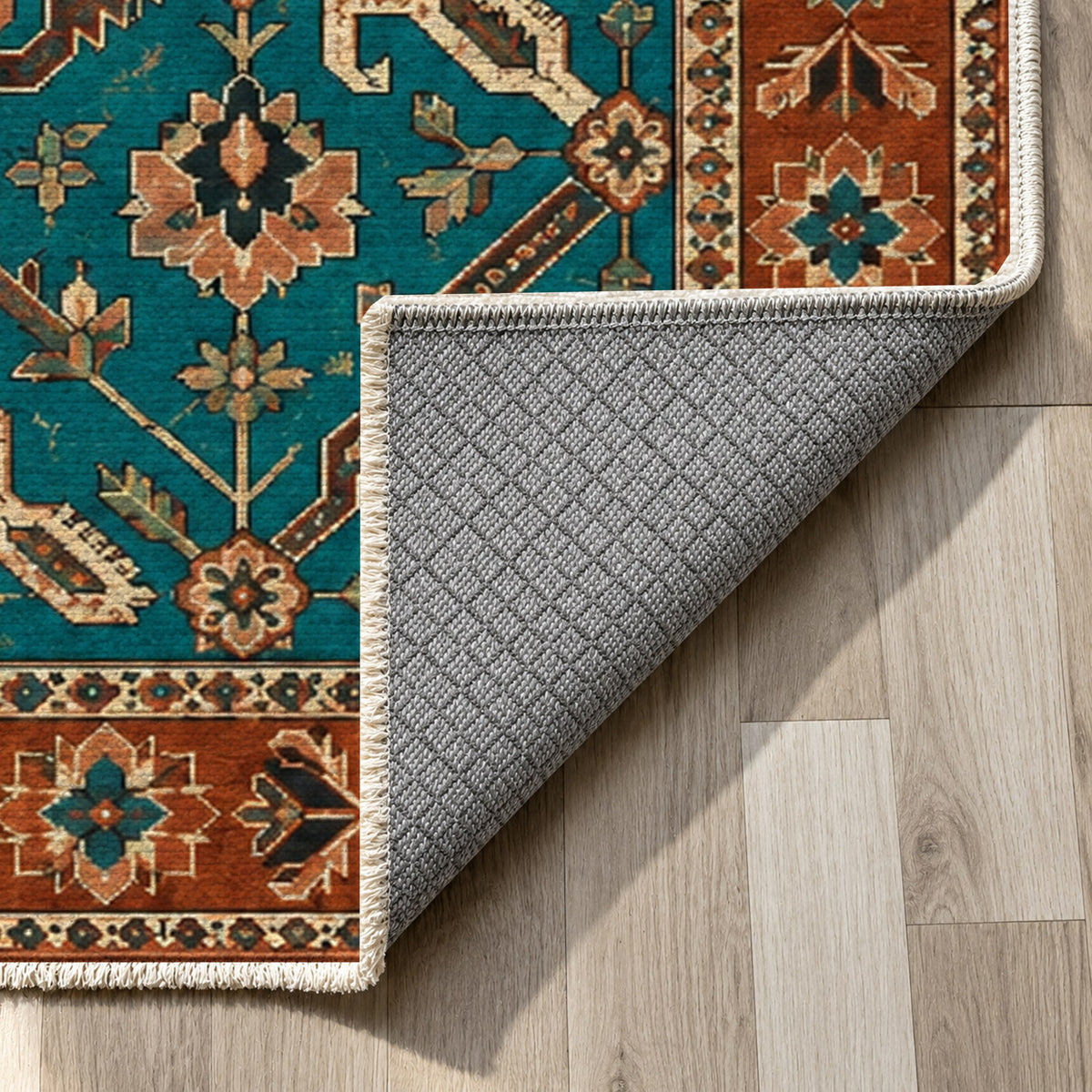 Dragon Vines Turquoise Copper Ethnic Washable Rug — backing close up