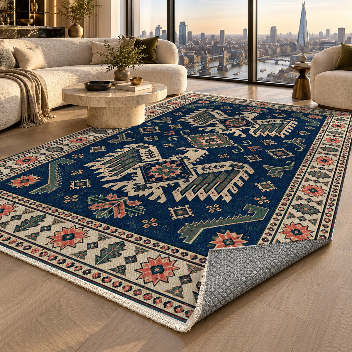 Eagle Medallions Indigo Rose Ethnic Washable Rug — london luxury living