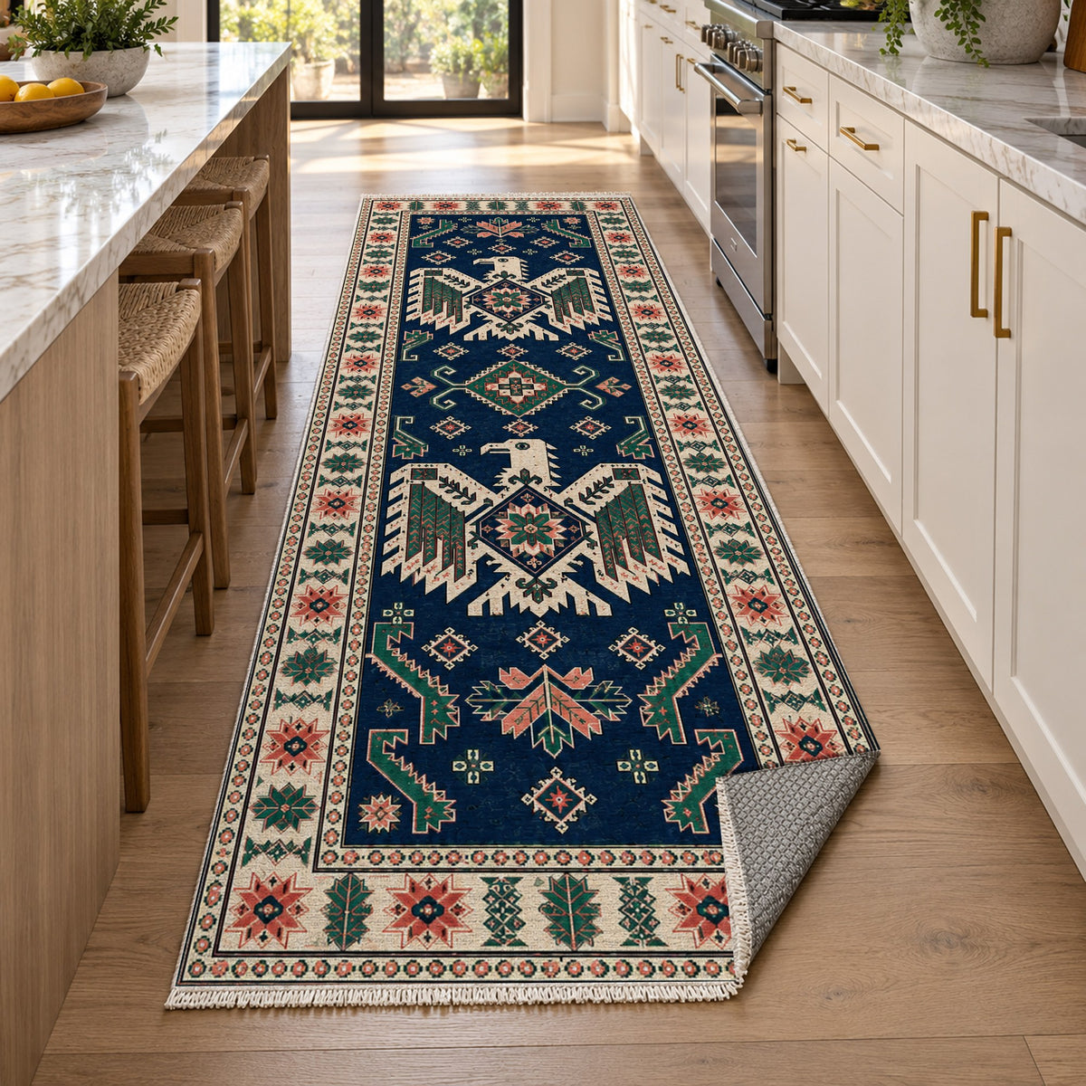 Eagle Medallions Indigo Rose Ethnic Washable Rug — new york kitchen runner