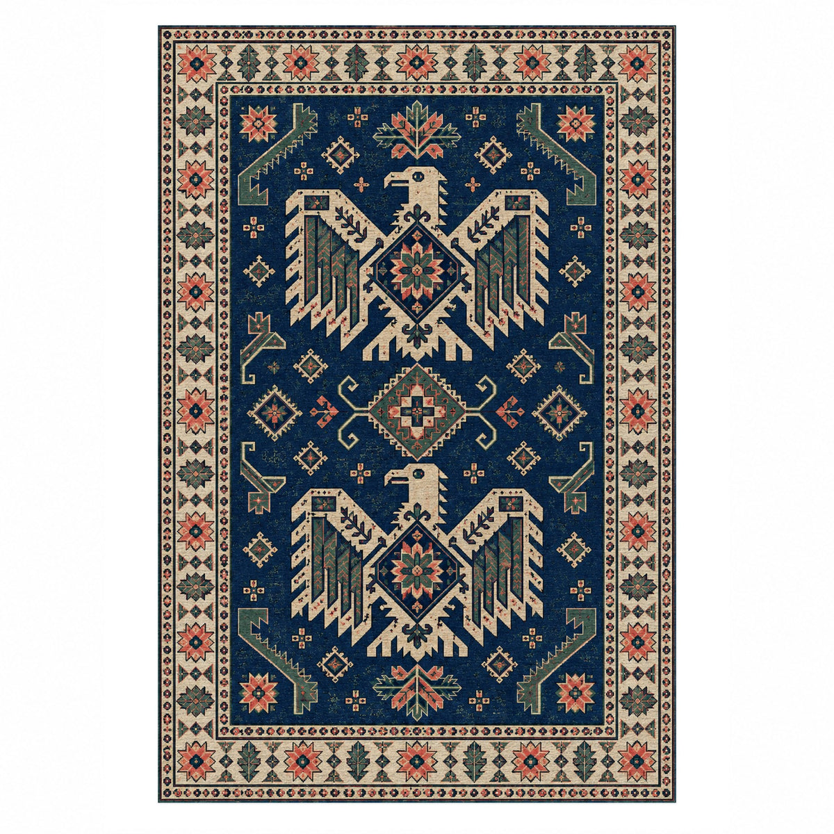 Eagle Medallions Indigo Rose Ethnic Washable Rug — top view