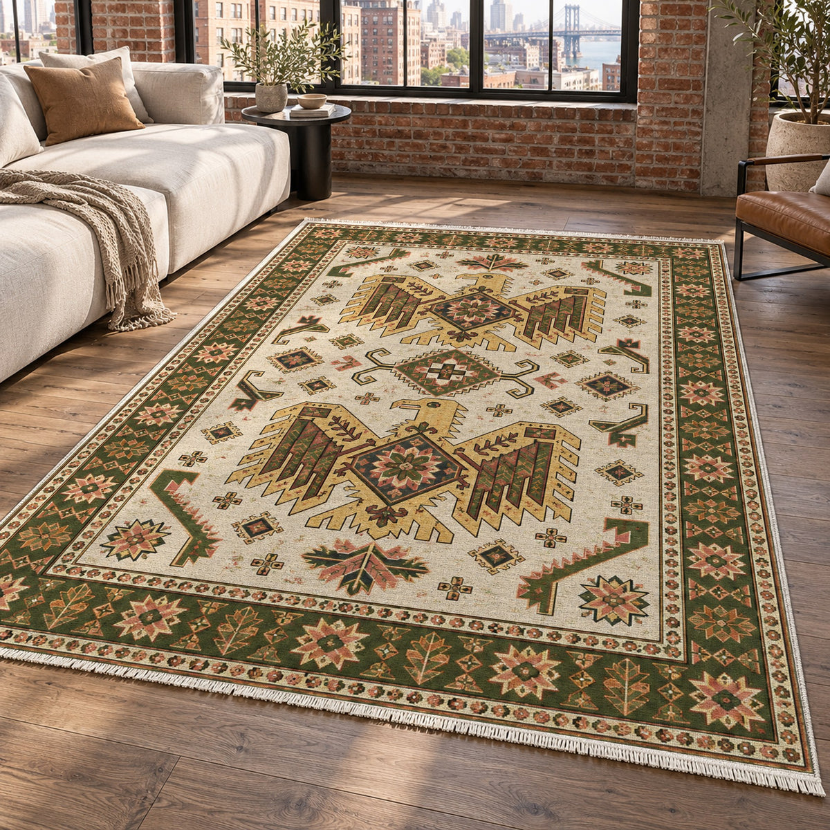 Eagle Medallions Ivory Olive Ethnic Washable Rug — new york living