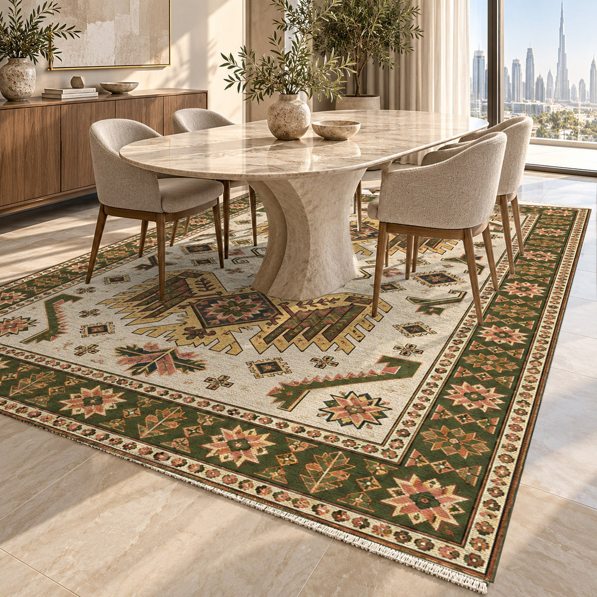 Eagle Medallions Ivory Olive Ethnic Washable Rug — dubai dining