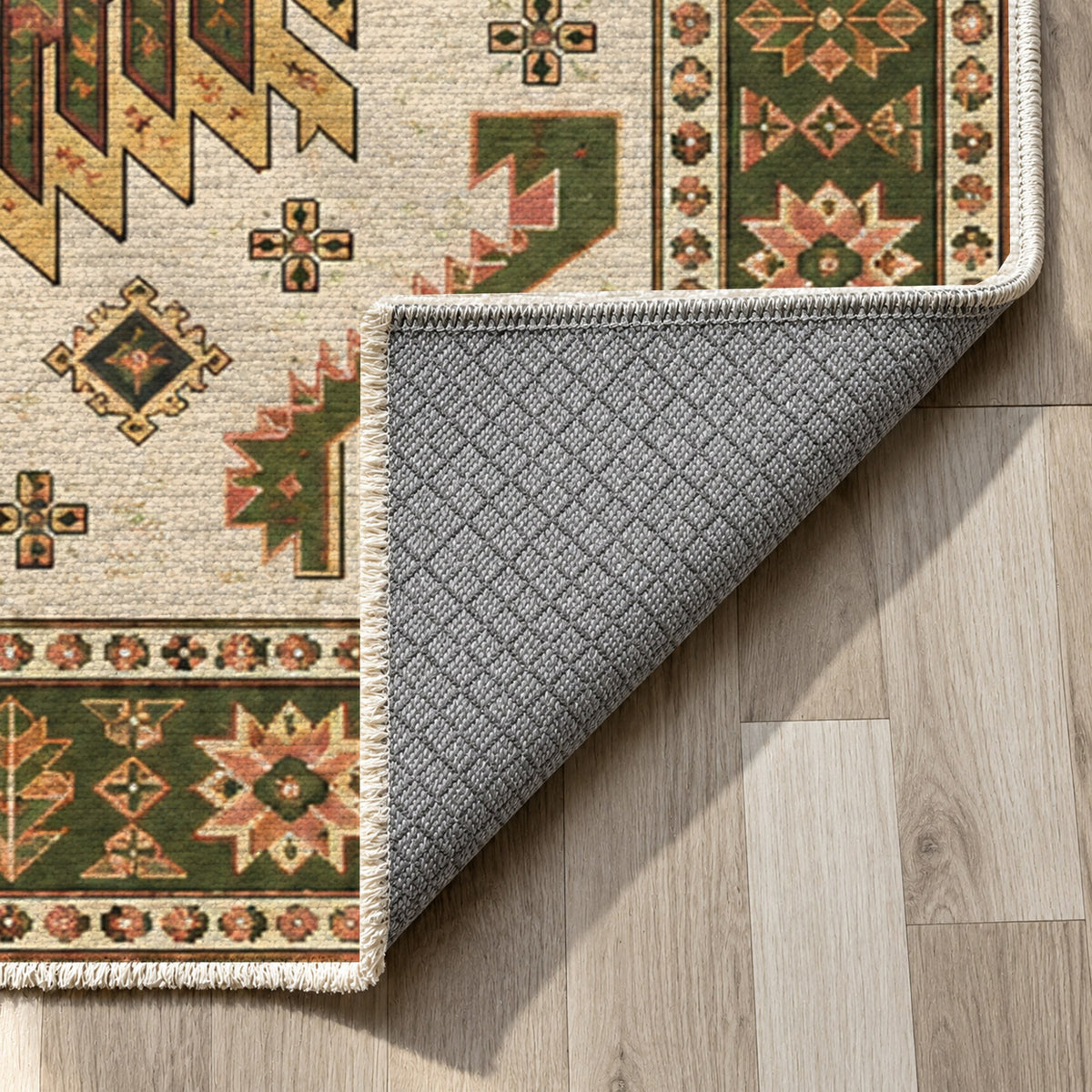 Eagle Medallions Ivory Olive Ethnic Washable Rug — backing close up