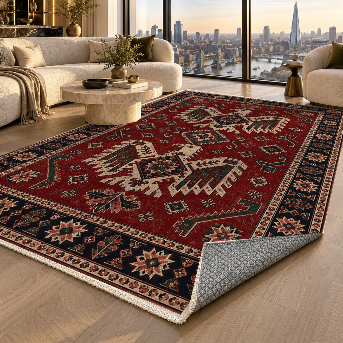 Eagle Medallions Ruby Midnight Ethnic Washable Rug — london luxury living