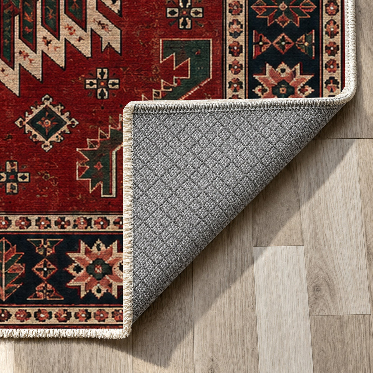 Eagle Medallions Ruby Midnight Ethnic Washable Rug — backing close up