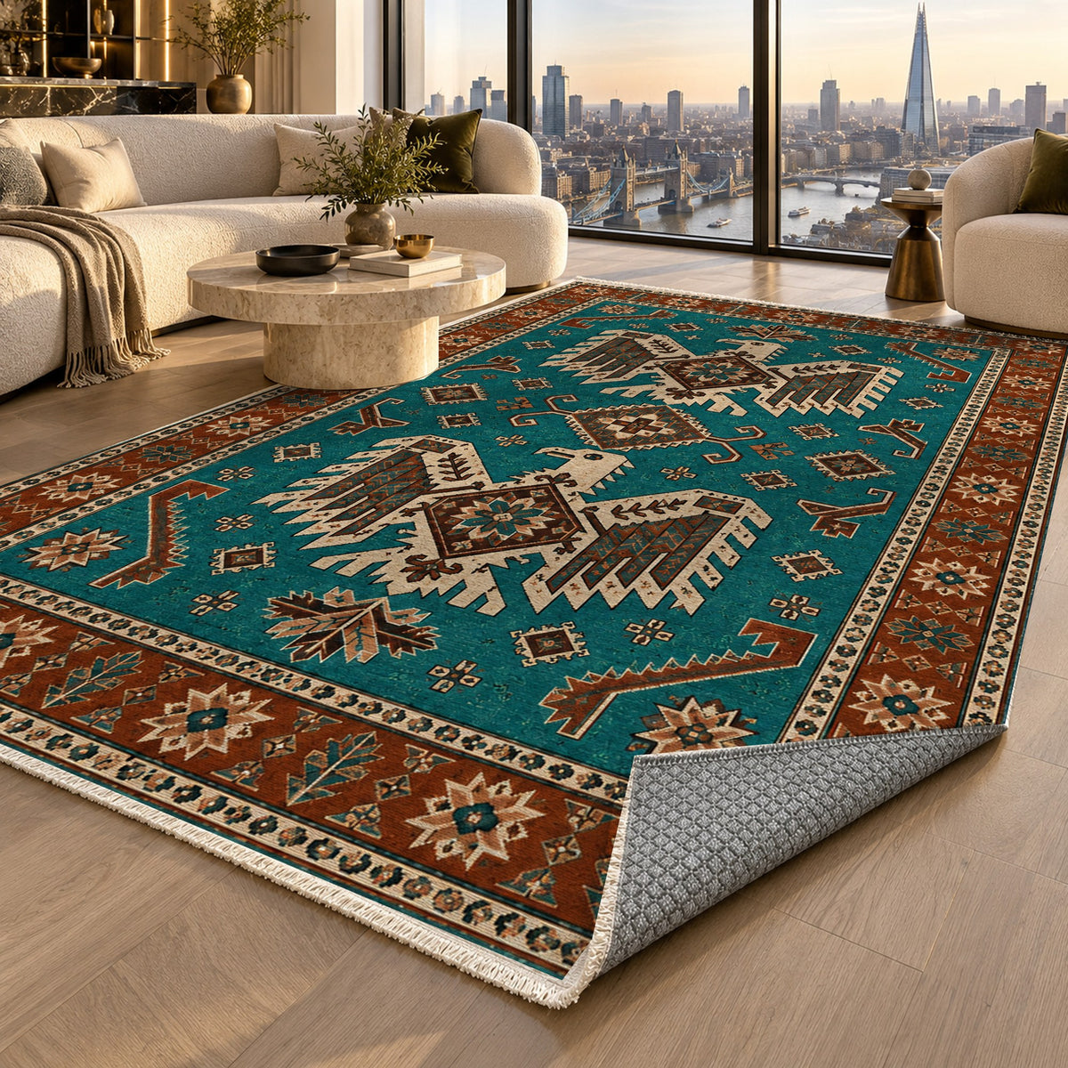 Eagle Medallions Turquoise Copper Ethnic Washable Rug — london luxury living
