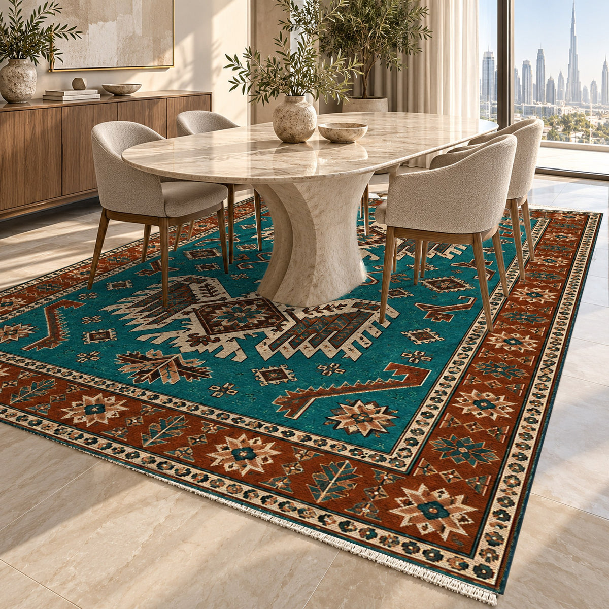 Eagle Medallions Turquoise Copper Ethnic Washable Rug — dubai dining