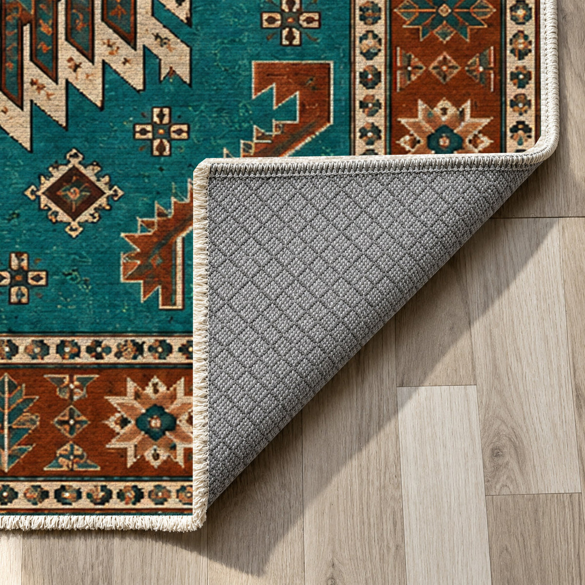 Eagle Medallions Turquoise Copper Ethnic Washable Rug — backing close up