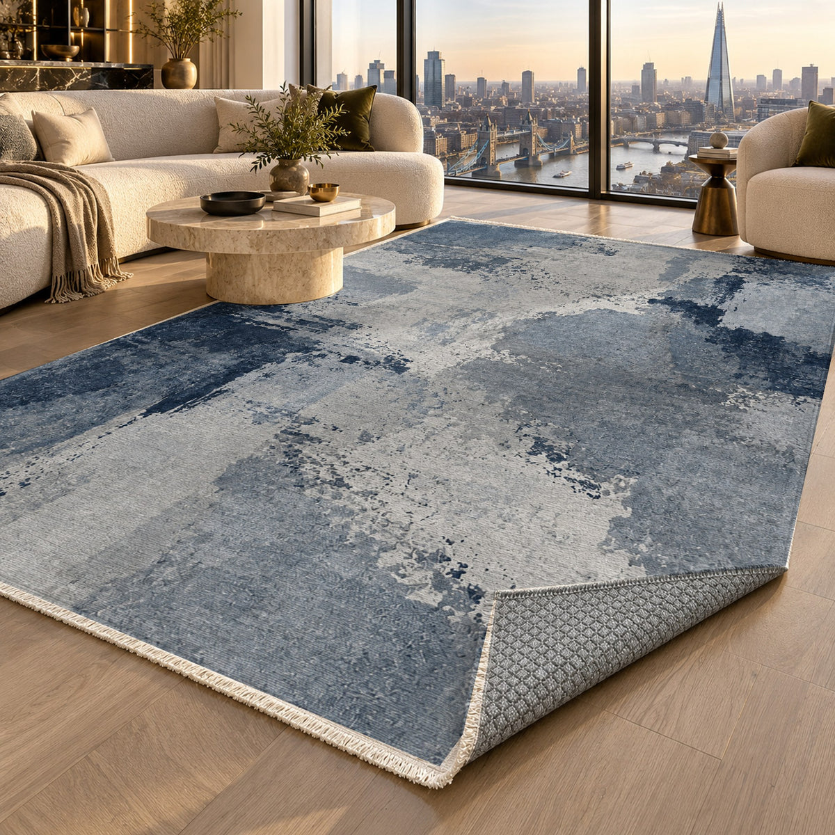 Earth Pigment Blue Grey Abstract Washable Rug — london luxury living