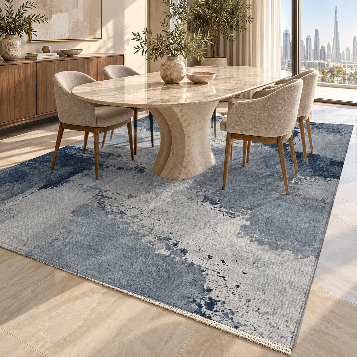 Earth Pigment Blue Grey Abstract Washable Rug — dubai dining